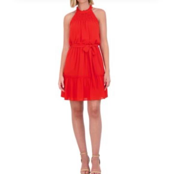Vince Camuto Women's Size 14 Sleeveless Red Smocked Halter Fit & Flare Dress - Picture 1 of 16